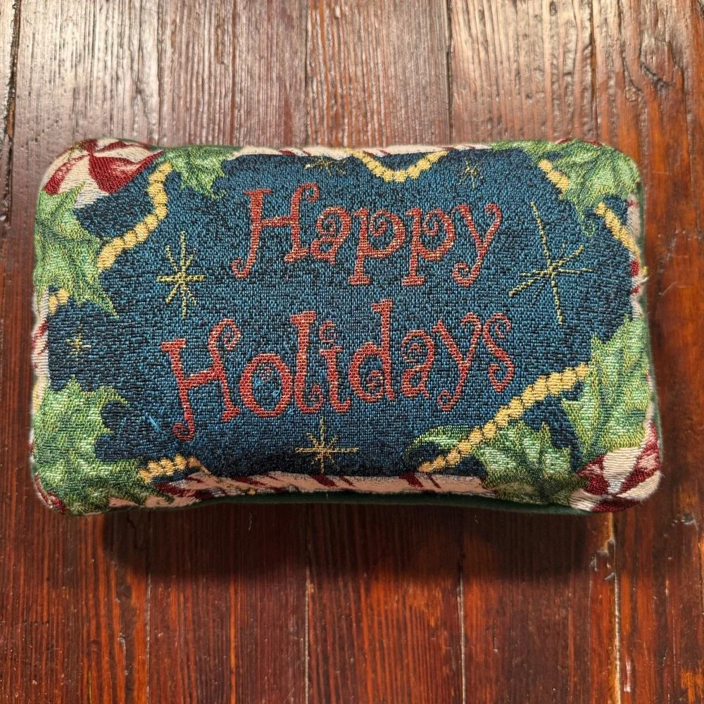 VTG Tapestry Throw Pillow Happy Holidays Christmas 12x8